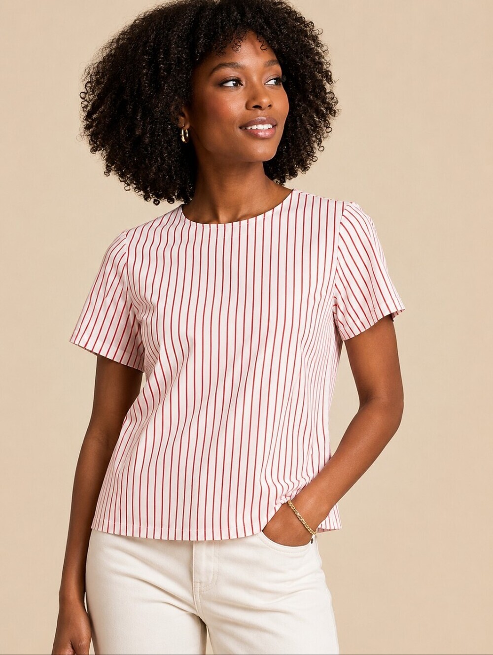 ❤️ MICHAEL MICHAEL KORS STRIPED STRETCH COTTON POPLIN TOP, RED WHITE STRIPE, XS